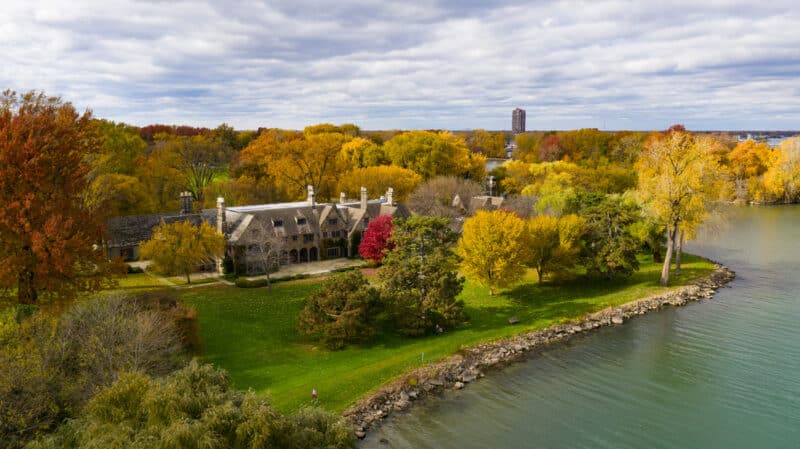 Aerial view of the Ford House and part of it’s coastline (with broken concrete). Image courtesy of Ford House.