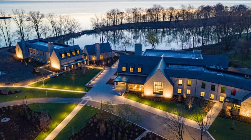 Another view of the new buildings and surrounding landscaping with the Ford Cove in the background. 